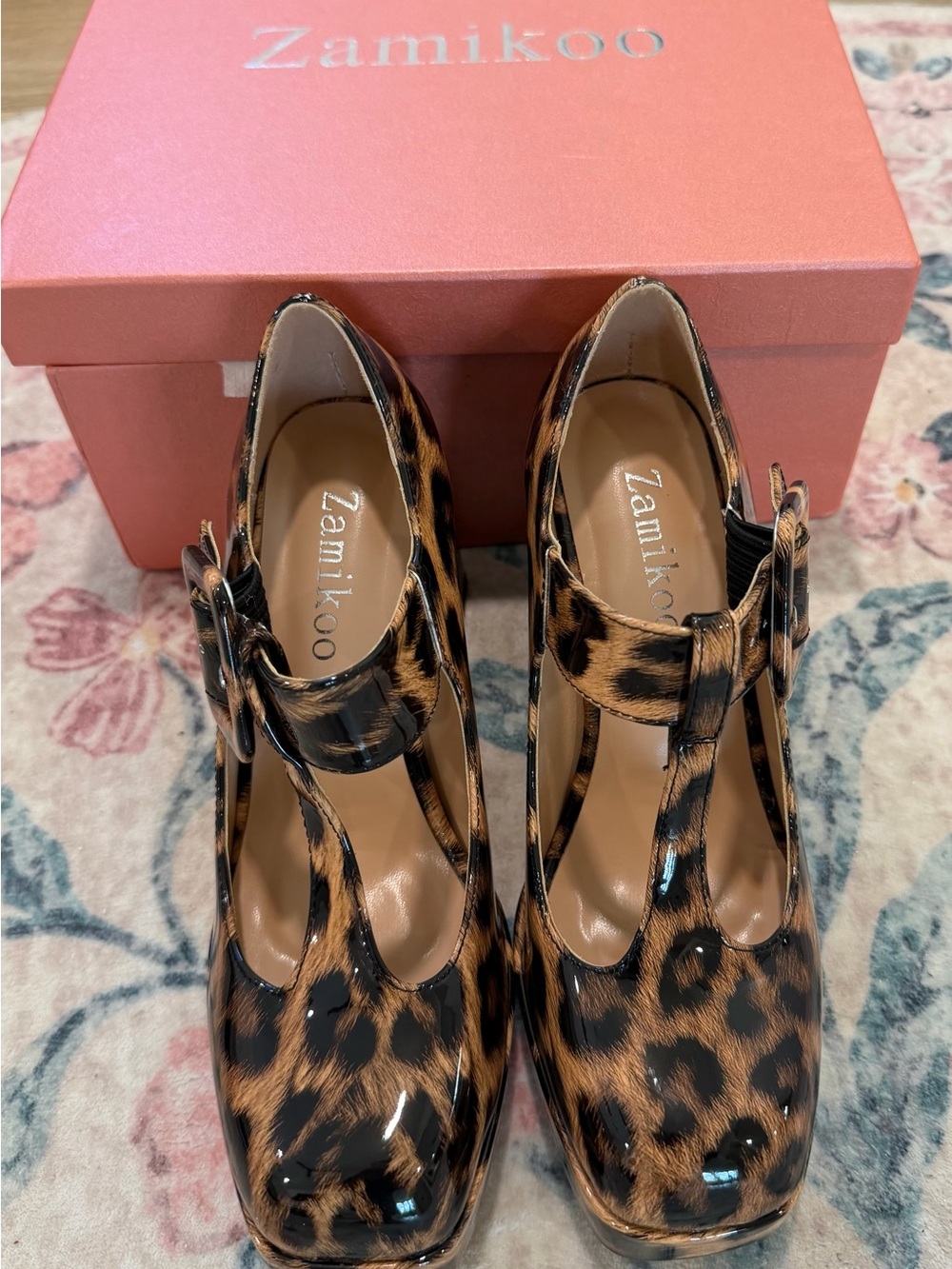 Leopard Print T-Strap Heels - Brown